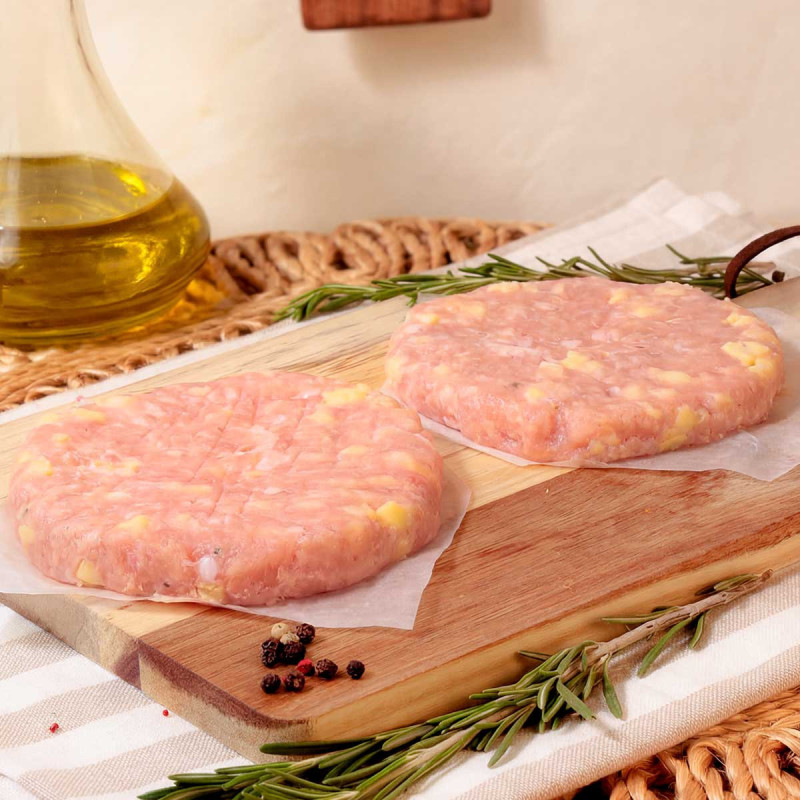 Hamburguesa pollo y queso, cada unidad pesa aprox. 125gr